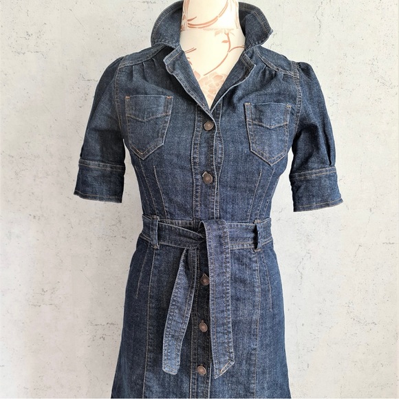 Scandinavian Dark Denim Jean Midi Dress Button Down Belted XS - Picture 2 of 7